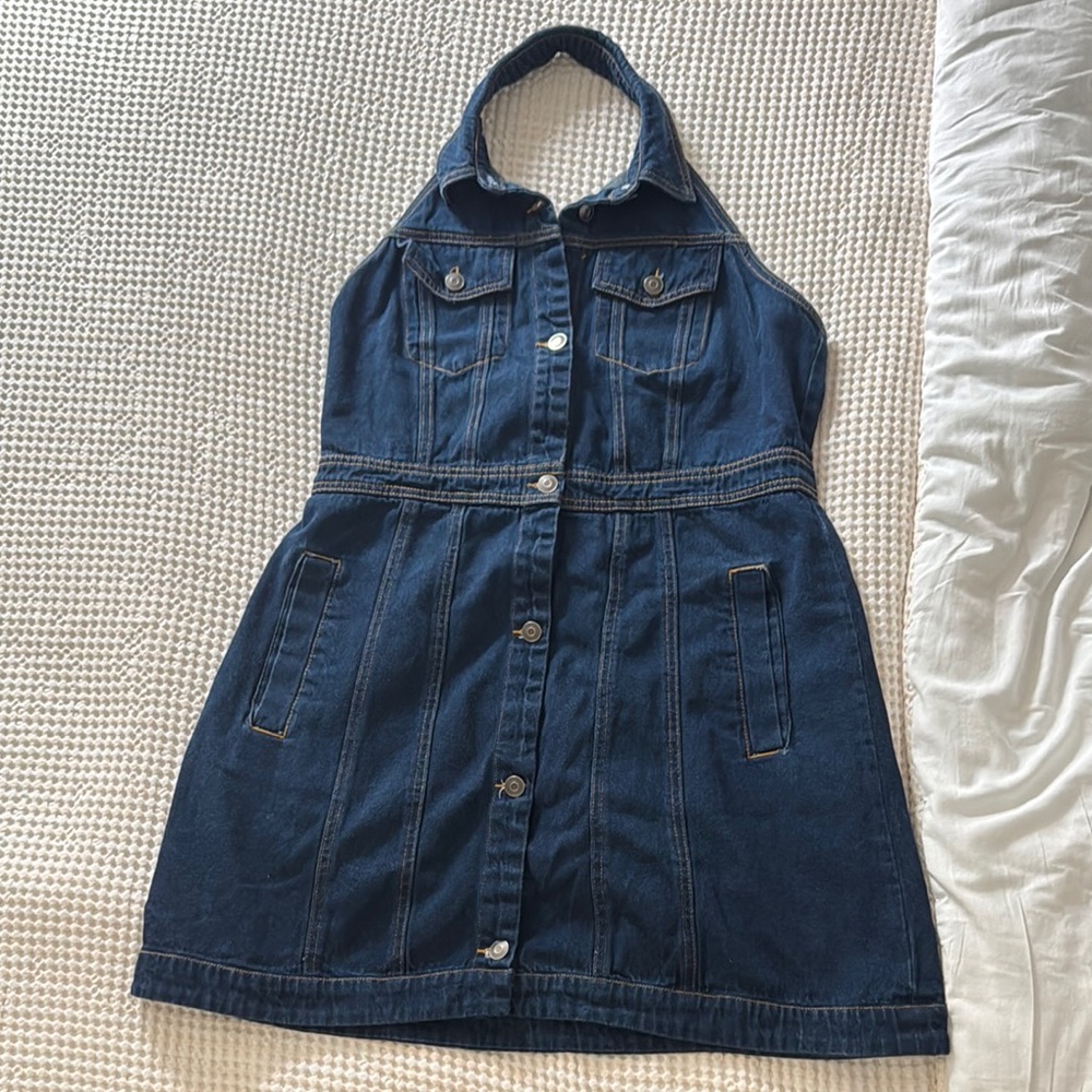 Denim Halter Dress with Button Front